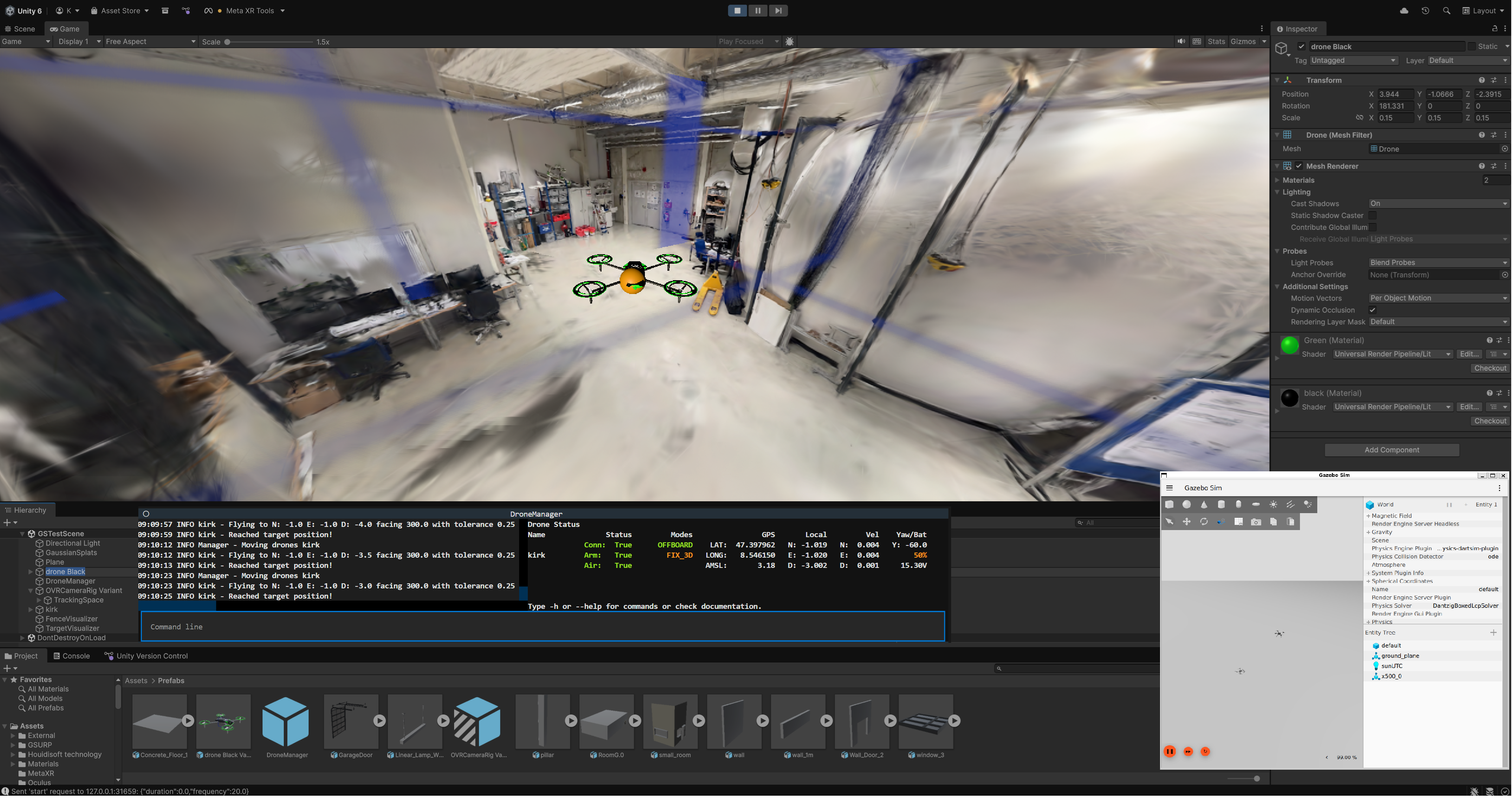 Holodeck with DroneManager and Gazebo for a full Simulation Setup in an Example Scene. The Unity Environment is running in the background and receives the drone data from DroneManager (bottom right) which is controlling a drone in Gazebo (left)